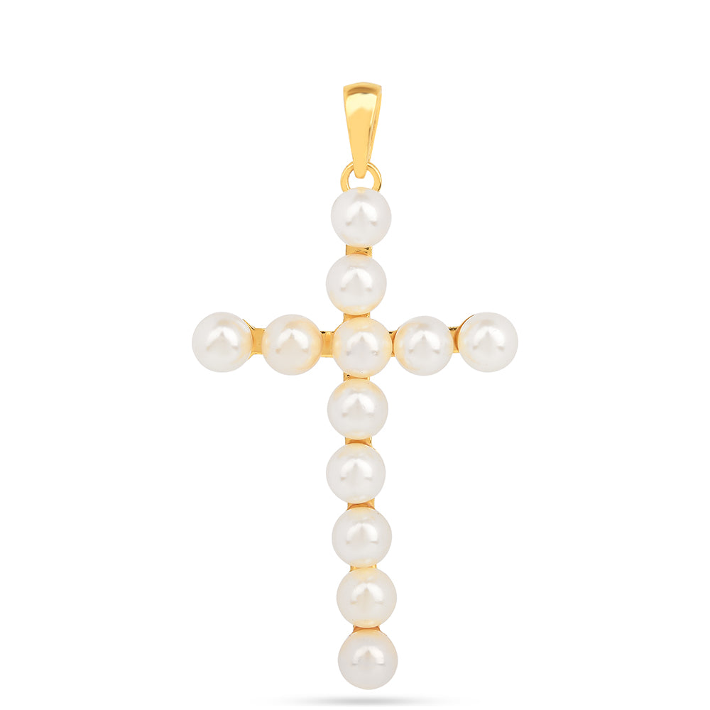 Kereszt Arannyal Bevont Ezüst Medál Krém Édesvízi Kagylógyönggyel 1 