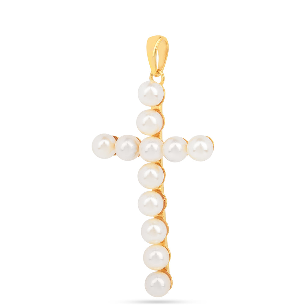 Kereszt Arannyal Bevont Ezüst Medál Krém Édesvízi Kagylógyönggyel