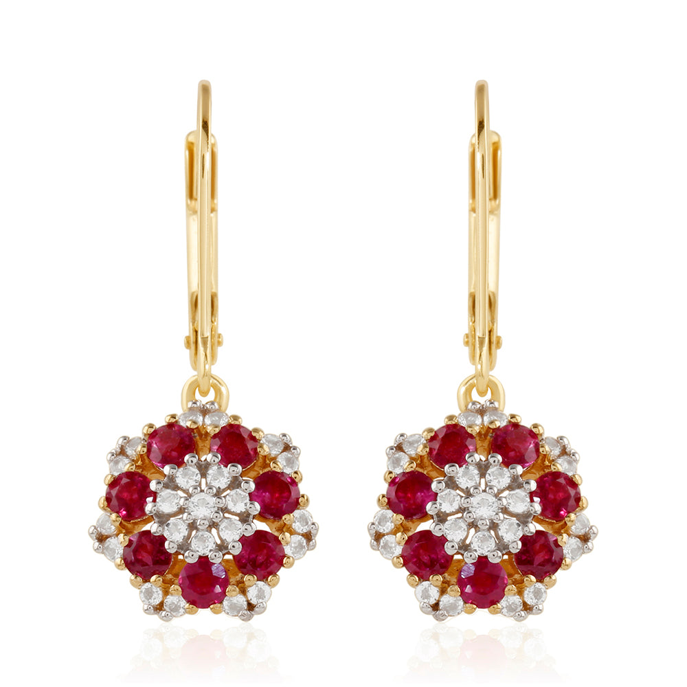 Arannyal Bevont Ezüst Fülbevaló Thai Rubinnal és Fehér Topázzal