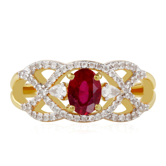Arannyal Bevont Ezüst Gyűrű Thai Rubinnal és Fehér Topázzal