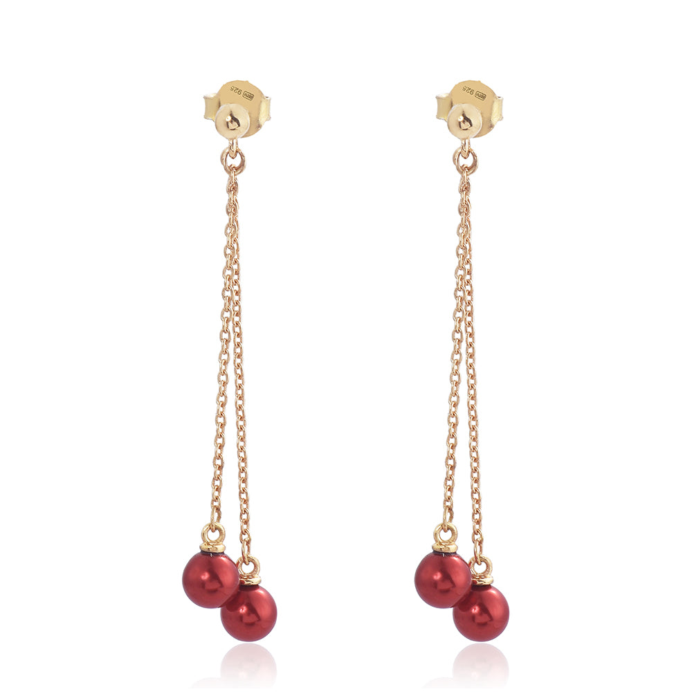 Arannyal Bevont Ezüst Fülbevaló Vörös Édesvízi Kagylógyönggyel