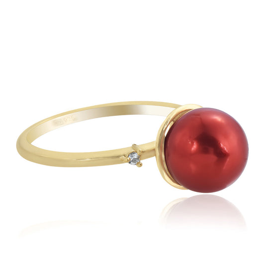 Arannyal Bevont Ezüst Gyűrű Vörös Édesvízi Kagylógyönggyel és Fehér Topázzal