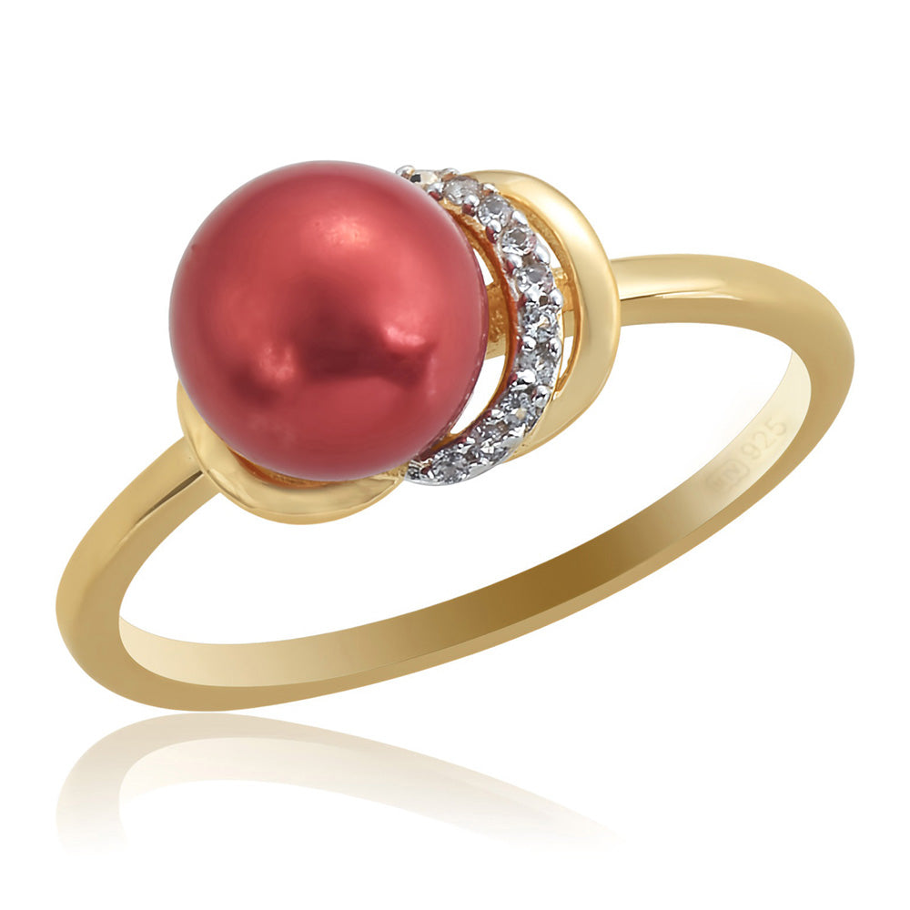 Arannyal Bevont Ezüst Gyűrű Vörös Édesvízi Kagylógyönggyel és Fehér Topázzal 1 