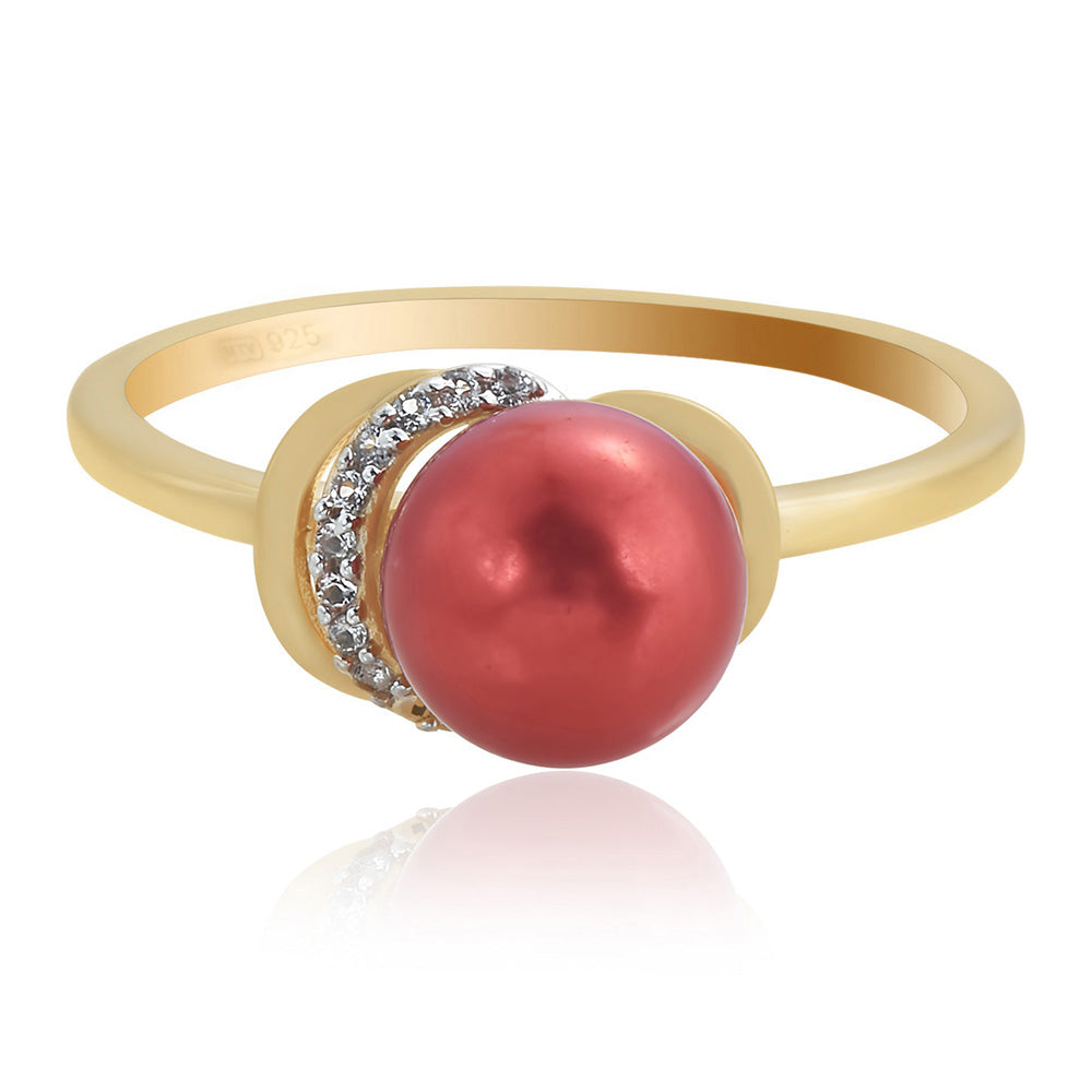Arannyal Bevont Ezüst Gyűrű Vörös Édesvízi Kagylógyönggyel és Fehér Topázzal 2 
