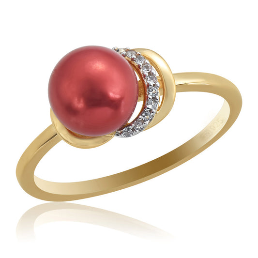 Arannyal Bevont Ezüst Gyűrű Vörös Édesvízi Kagylógyönggyel és Fehér Topázzal