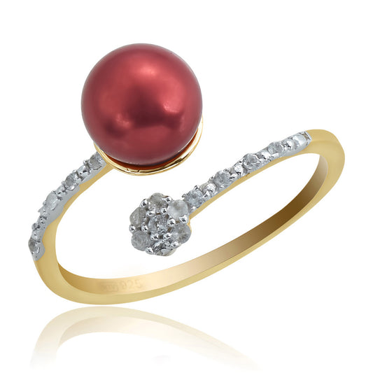Arannyal Bevont Ezüst Gyűrű Vörös Édesvízi Kagylógyönggyel és Fehér Topázzal