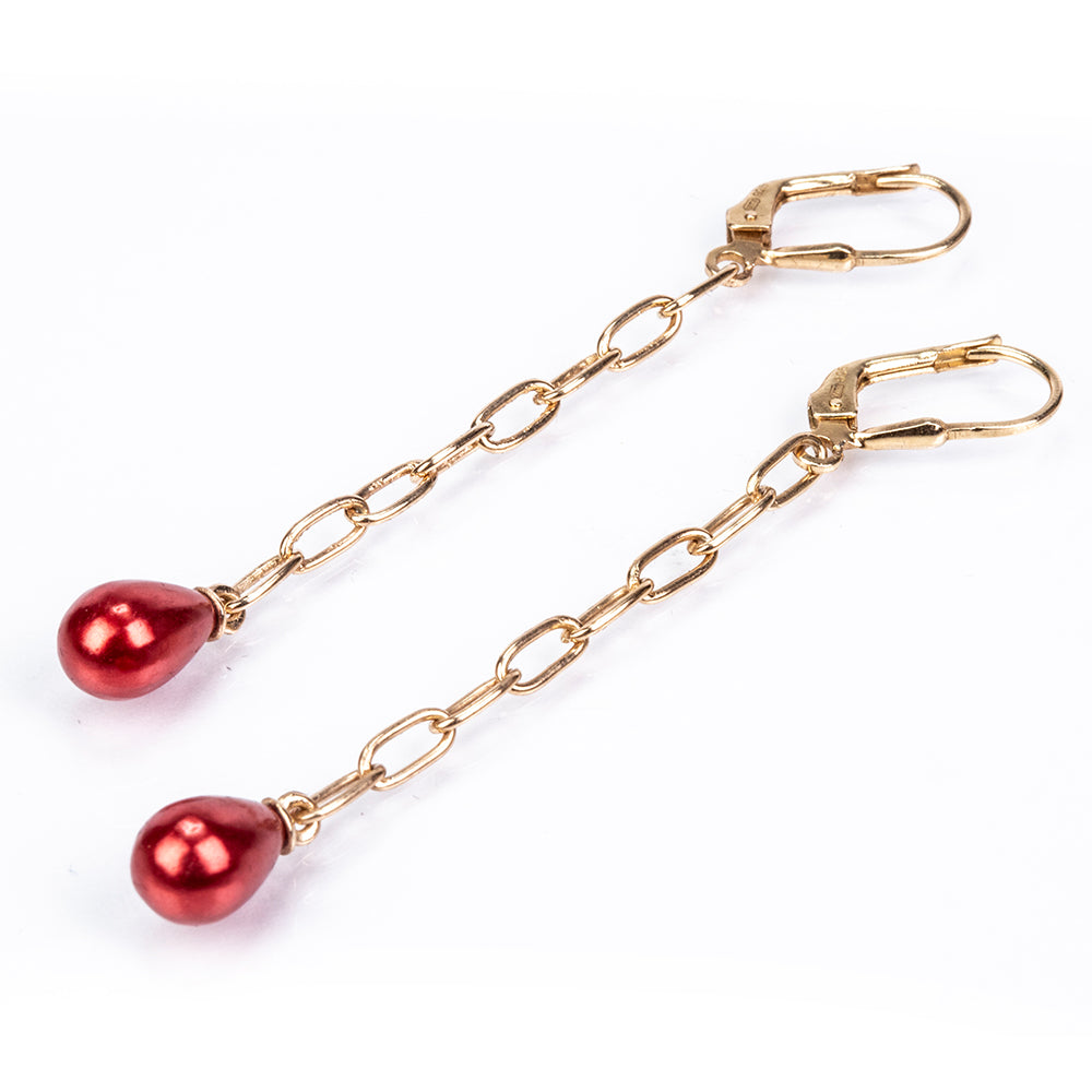 Arannyal Bevont Ezüst Fülbevaló Vörös Édesvízi Kagylógyönggyel