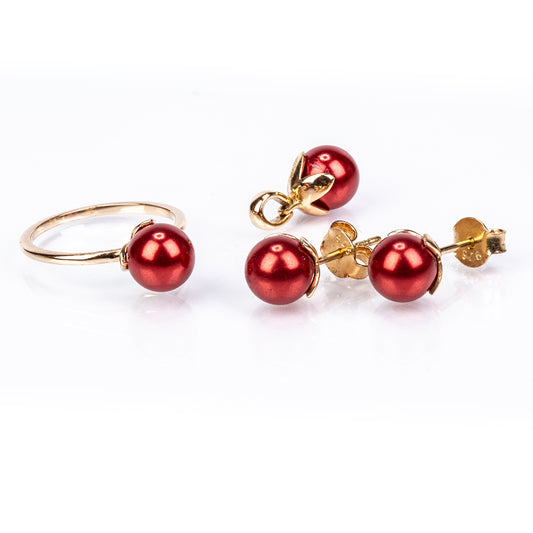 Arannyal Bevont Ezüst Szett Vörös Édesvízi Kagylógyönggyel ( Fülbevaló+Gyűrű+Medál )