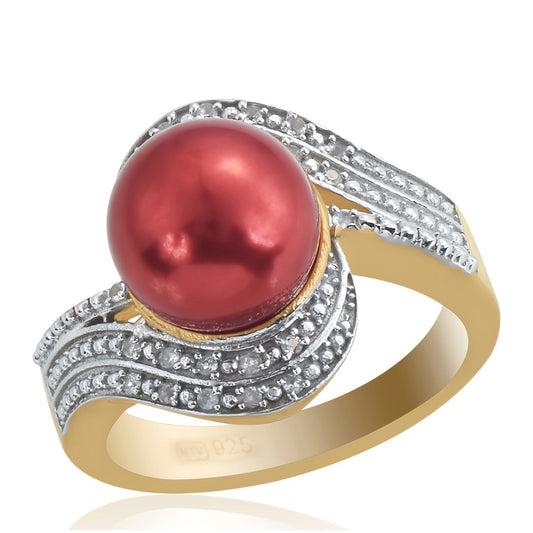 Arannyal Bevont Ezüst Gyűrű Vörös Édesvízi Kagylógyönggyel és Fehér Topázzal