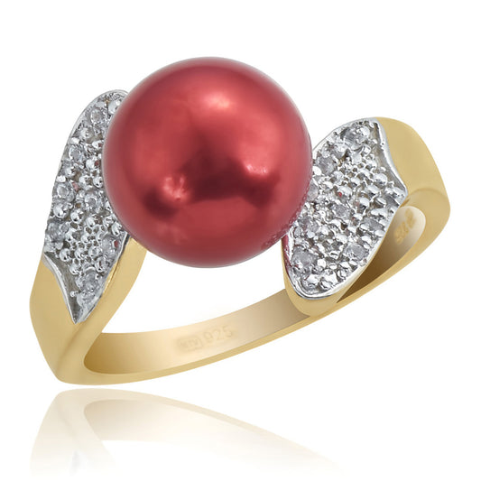 Arannyal Bevont Ezüst Gyűrű Vörös Édesvízi Kagylógyönggyel és Fehér Topázzal