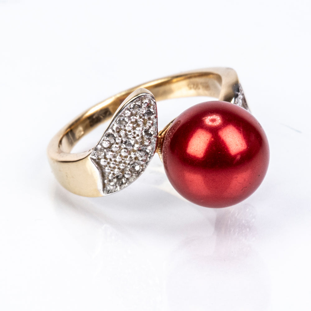 Arannyal Bevont Ezüst Gyűrű Vörös Édesvízi Kagylógyönggyel és Fehér Topázzal 3 