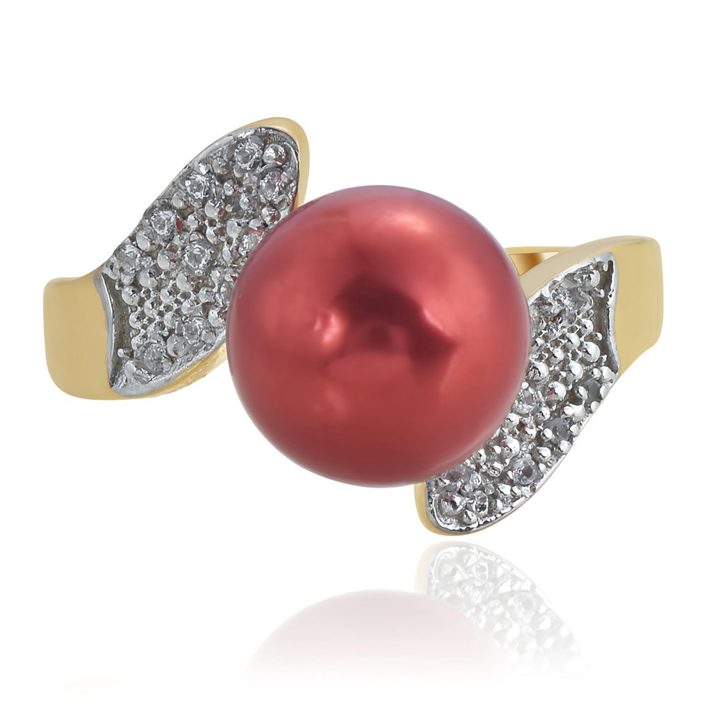 Arannyal Bevont Ezüst Gyűrű Vörös Édesvízi Kagylógyönggyel és Fehér Topázzal