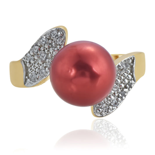 Arannyal Bevont Ezüst Gyűrű Vörös Édesvízi Kagylógyönggyel és Fehér Topázzal