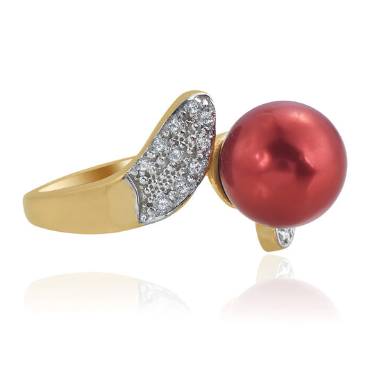 Arannyal Bevont Ezüst Gyűrű Vörös Édesvízi Kagylógyönggyel és Fehér Topázzal