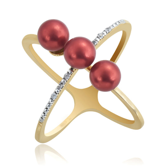 Arannyal Bevont Ezüst Gyűrű Vörös Édesvízi Kagylógyönggyel és Fehér Topázzal