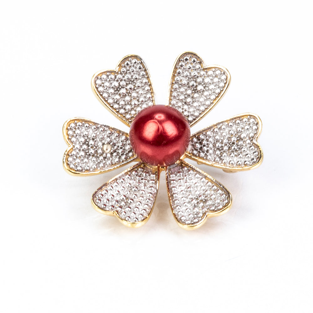 Arannyal Bevont Ezüst Bross Vörös Édesvízi Kagylógyönggyel és Fehér Topázzal 4 