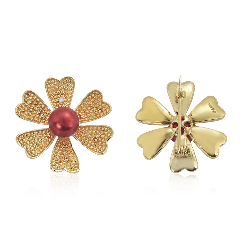 Arannyal Bevont Ezüst Bross Vörös Édesvízi Kagylógyönggyel és Fehér Topázzal