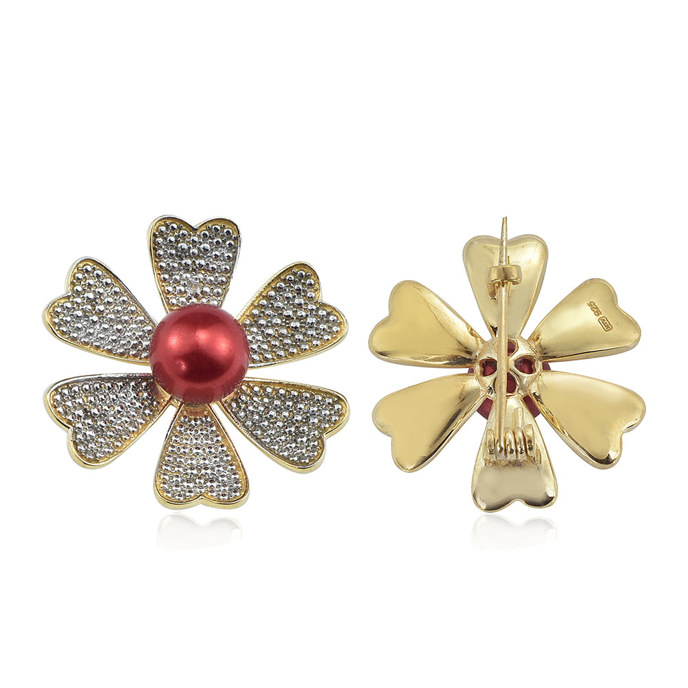 Arannyal Bevont Ezüst Bross Vörös Édesvízi Kagylógyönggyel és Fehér Topázzal 3 