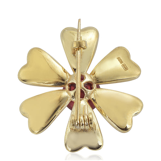 Arannyal Bevont Ezüst Bross Vörös Édesvízi Kagylógyönggyel és Fehér Topázzal