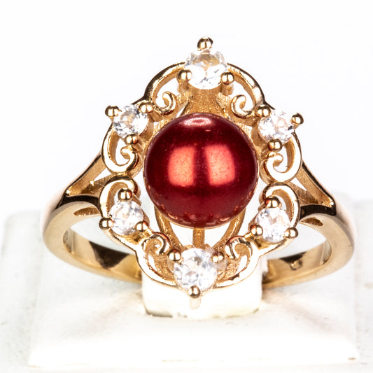 Arannyal Bevont Ezüst Gyűrű Vörös Édesvízi Kagylógyönggyel és Fehér Topázzal