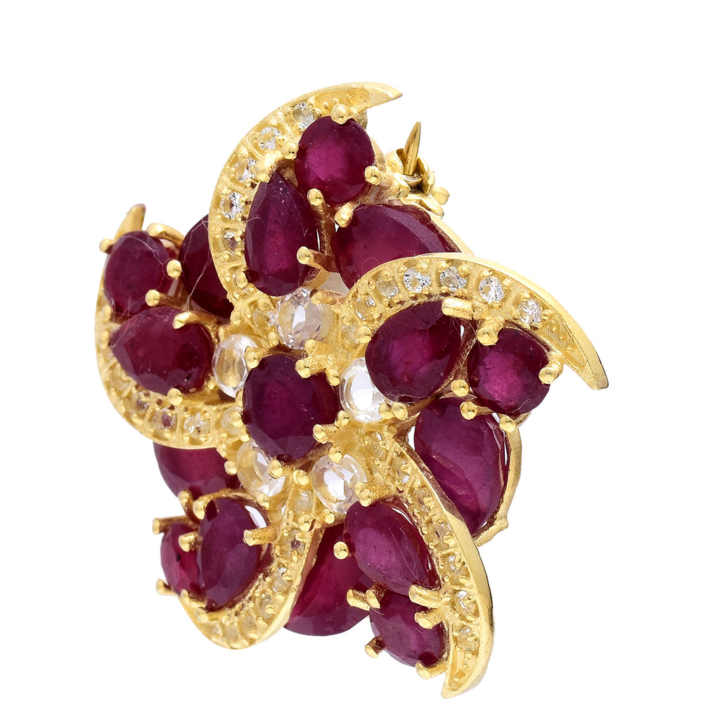 Arannyal Bevont Ezüst Bross Madagaszkári Rubinnal és Fehér Topázzal