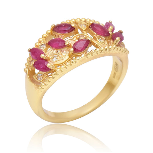 Arannyal Bevont Ezüst Gyűrű Madagaszkári Rubinnal és Fehér Topázzal