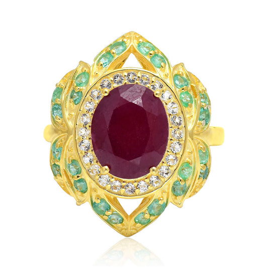 Arannyal Bevont Ezüst Gyűrű Madagaszkári Rubinnal és Brazil Smaragddal