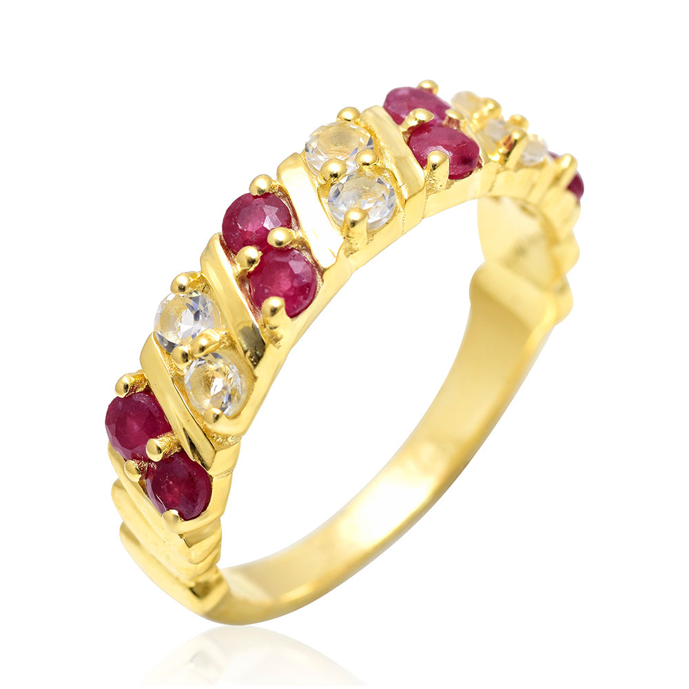 Arannyal Bevont Ezüst Gyűrű Madagaszkári Rubinnal és Fehér Topázzal 2 