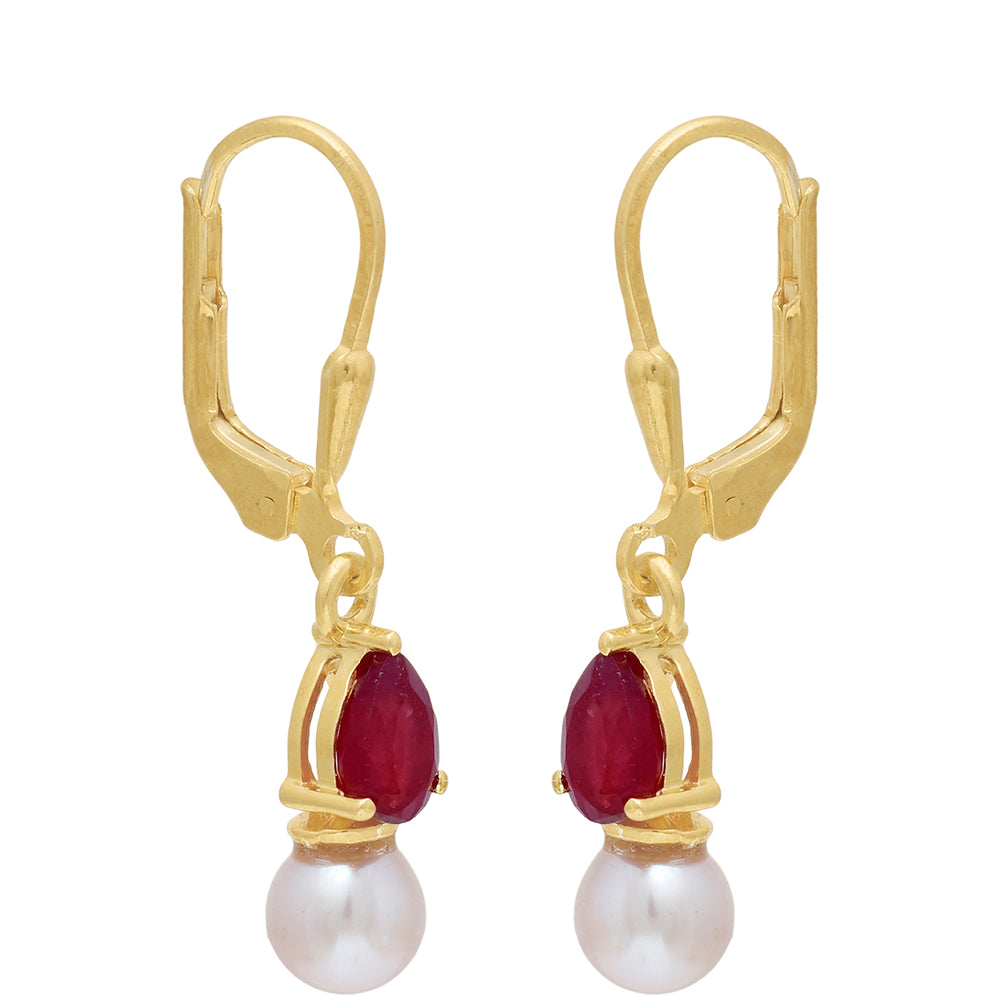 Arannyal Bevont Ezüst Fülbevaló Madagaszkári Rubinnal és Fehér Édesvízi Kagylógyönggyel 3 