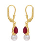 Arannyal Bevont Ezüst Fülbevaló Madagaszkári Rubinnal és Fehér Édesvízi Kagylógyönggyel