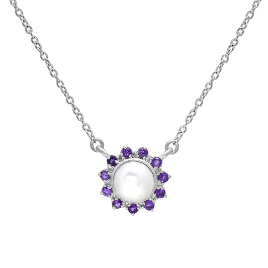 Ezüst Nyaklánc Marokkói Ametiszttel és Fehér Édesvízi Kagylógyönggyel