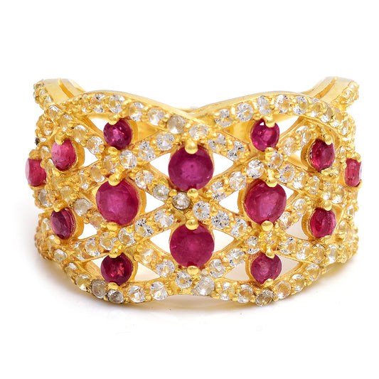 Arannyal Bevont Ezüst Gyűrű Madagaszkári Rubinnal és Fehér Topázzal