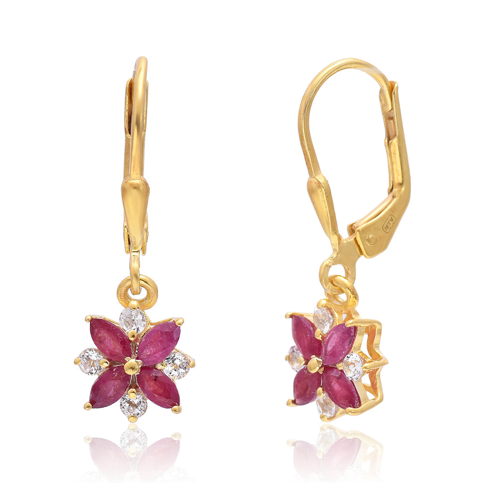 Arannyal Bevont Ezüst Fülbevaló Madagaszkári Rubinnal és Fehér Topázzal