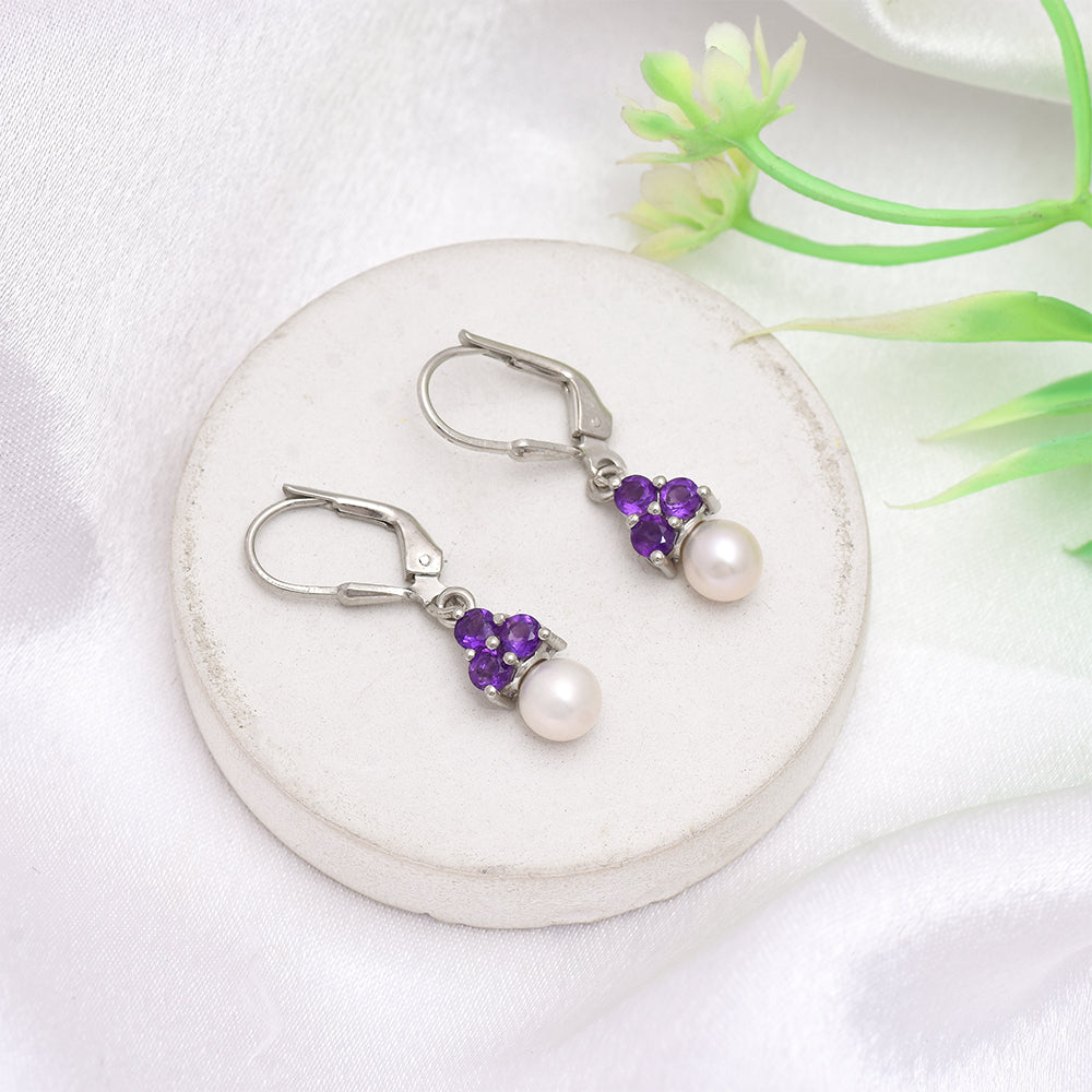 Ezüst Fülbevaló Marokkói Ametiszttel és Fehér Édesvízi Kagylógyönggyel 1 