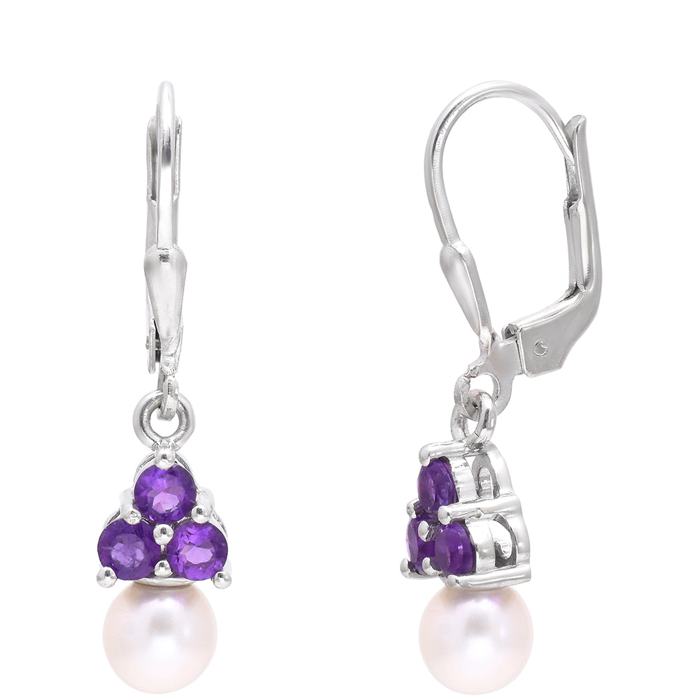 Ezüst Fülbevaló Marokkói Ametiszttel és Fehér Édesvízi Kagylógyönggyel
