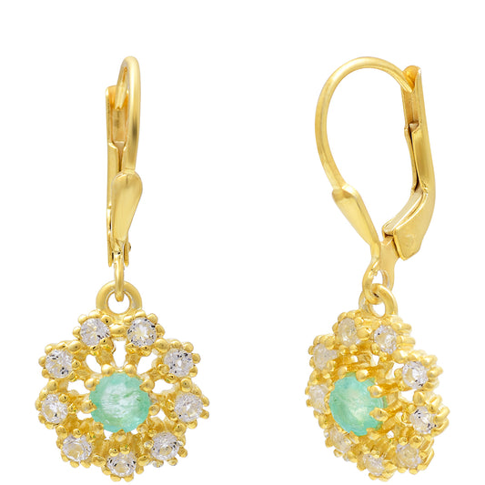 Arannyal Bevont Ezüst Fülbevaló Brazil Smaragddal és Fehér Topázzal