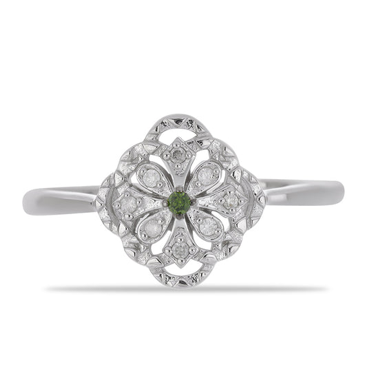 Ezüst Gyűrű Zöld Gyémánttal és Fehér Gyémánttal