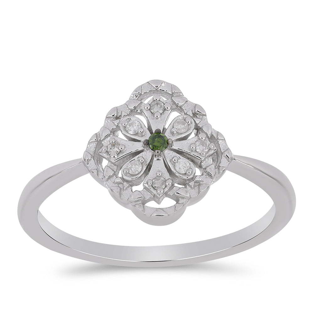 Ezüst Gyűrű Zöld Gyémánttal és Fehér Gyémánttal