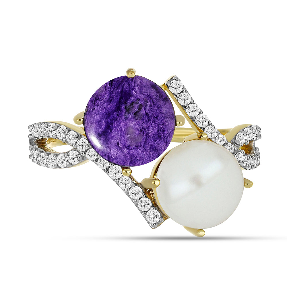 Arannyal Bevont Ezüst Gyűrű Karoittal és Fehér Édesvízi Kagylógyönggyel