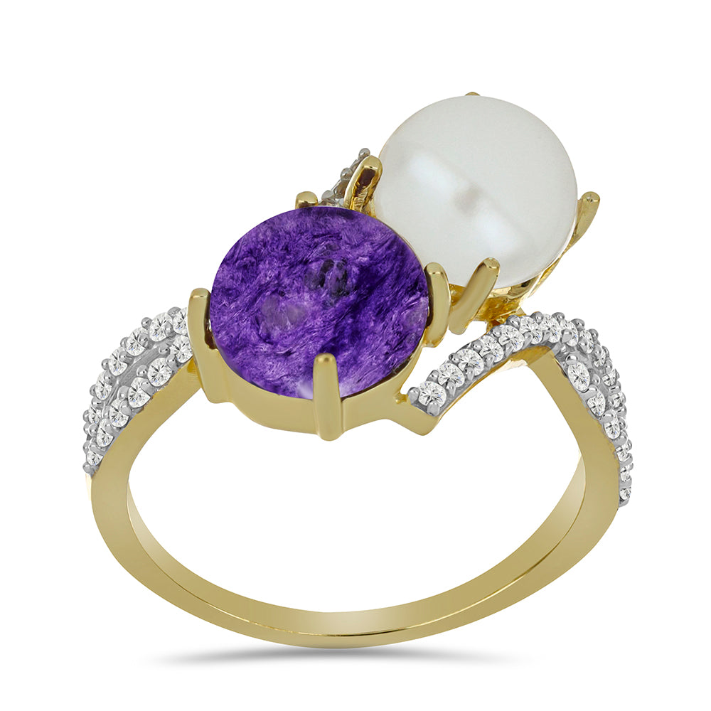 Arannyal Bevont Ezüst Gyűrű Karoittal és Fehér Édesvízi Kagylógyönggyel 3 