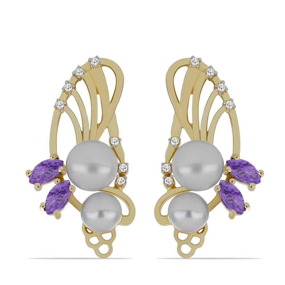 Arannyal Bevont Ezüst Fülbevaló Karoittal és Fehér Édesvízi Kagylógyönggyel