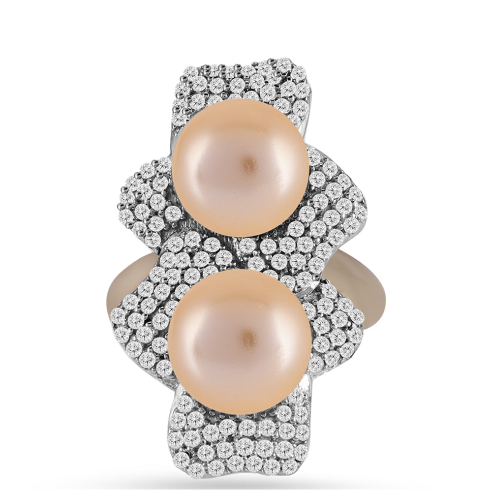 Arannyal Bevont Ezüst Gyűrű Arany színű Édesvízi Kagylógyönggyel és Fehér Topázzal 1 