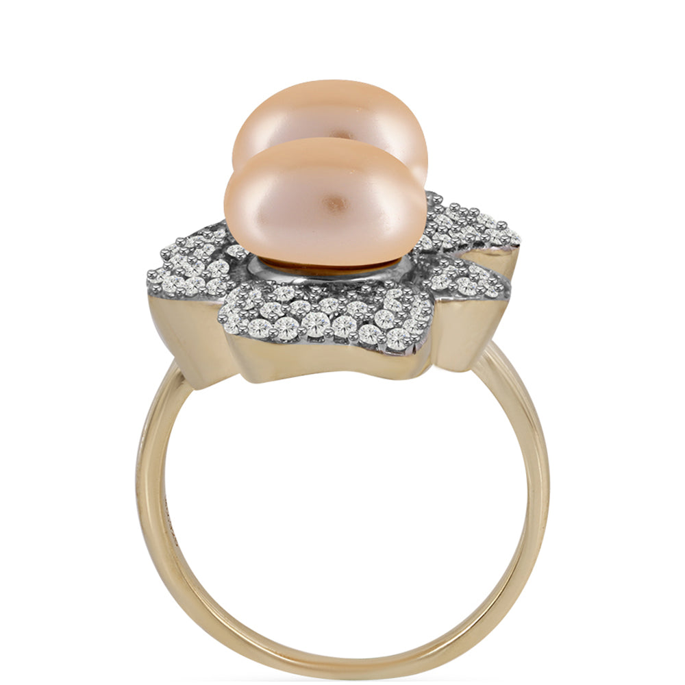 Arannyal Bevont Ezüst Gyűrű Arany színű Édesvízi Kagylógyönggyel és Fehér Topázzal 2 