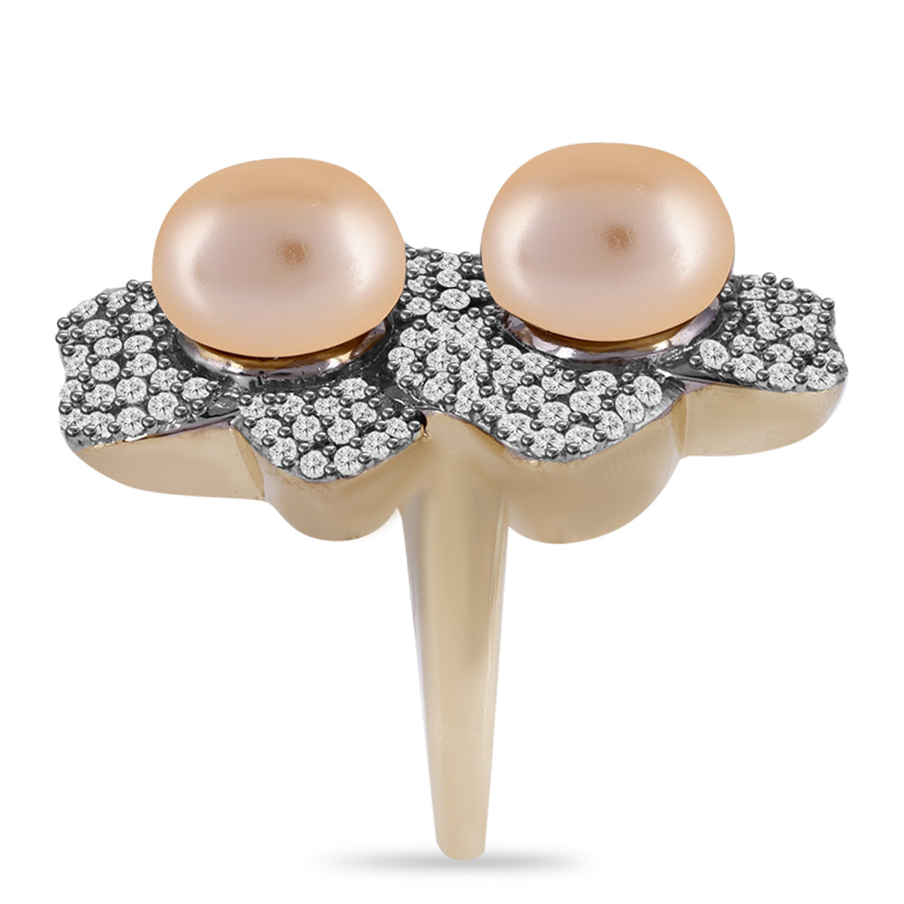 Arannyal Bevont Ezüst Gyűrű Arany színű Édesvízi Kagylógyönggyel és Fehér Topázzal 4 