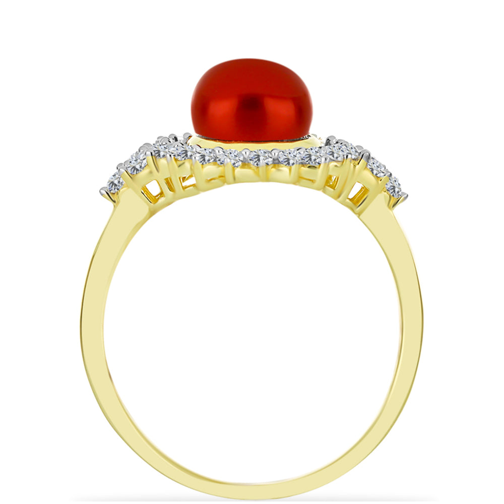 Arannyal Bevont Ezüst Gyűrű Vörös Édesvízi Kagylógyönggyel és Fehér Topázzal