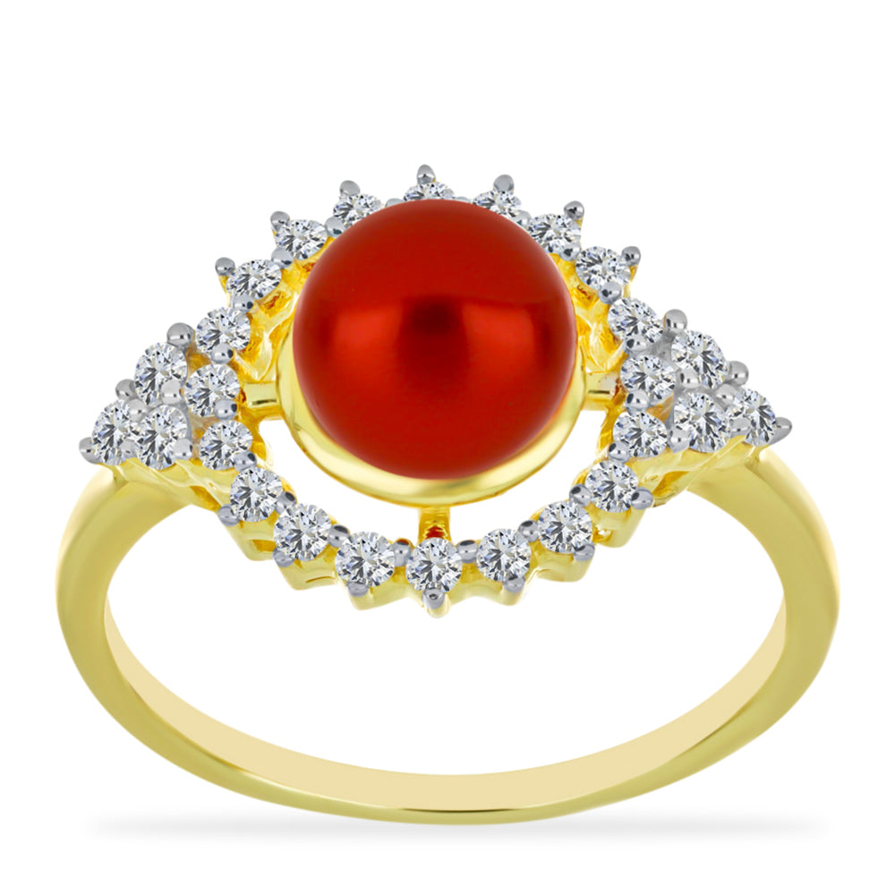 Arannyal Bevont Ezüst Gyűrű Vörös Édesvízi Kagylógyönggyel és Fehér Topázzal