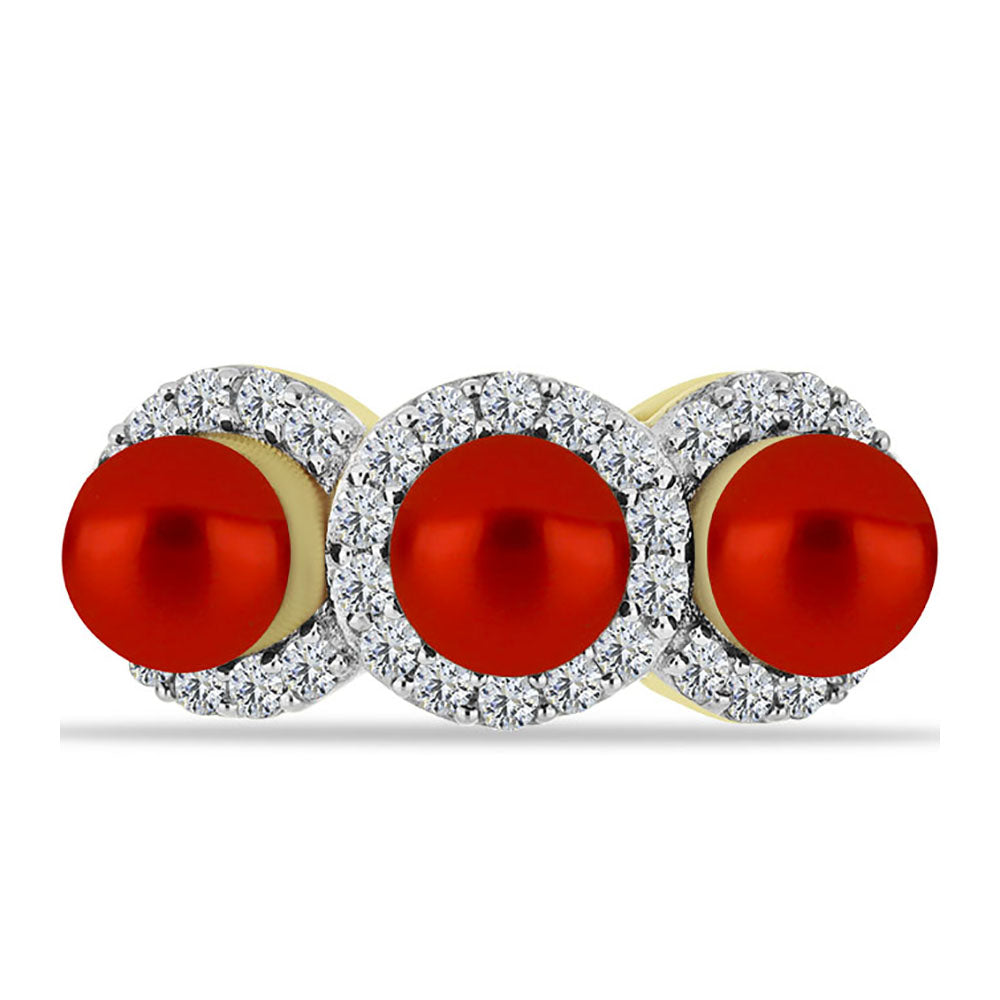 Arannyal Bevont Ezüst Gyűrű Vörös Édesvízi Kagylógyönggyel és Fehér Topázzal 1 
