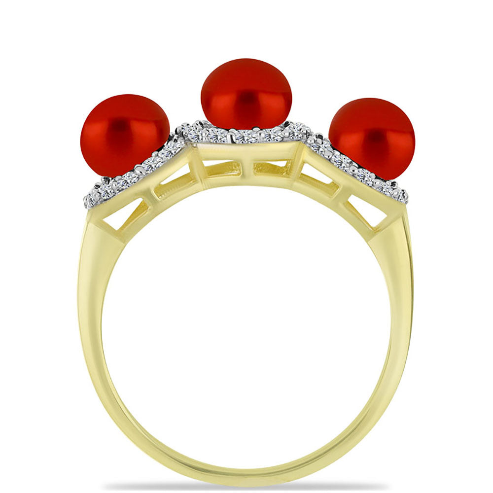 Arannyal Bevont Ezüst Gyűrű Vörös Édesvízi Kagylógyönggyel és Fehér Topázzal 2 