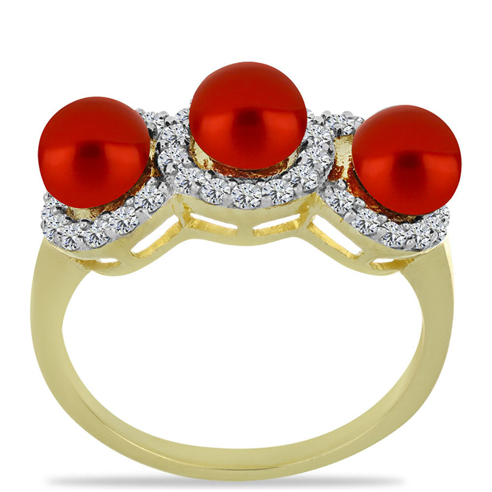Arannyal Bevont Ezüst Gyűrű Vörös Édesvízi Kagylógyönggyel és Fehér Topázzal 3 