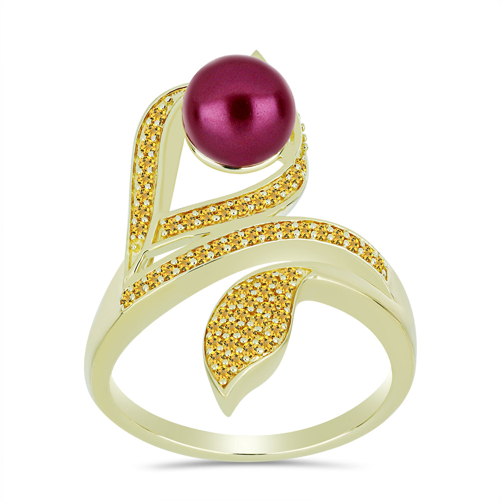 Arannyal Bevont Ezüst Gyűrű Lila színű Édesvízi Kagylógyönggyel és Ural Citrinnel